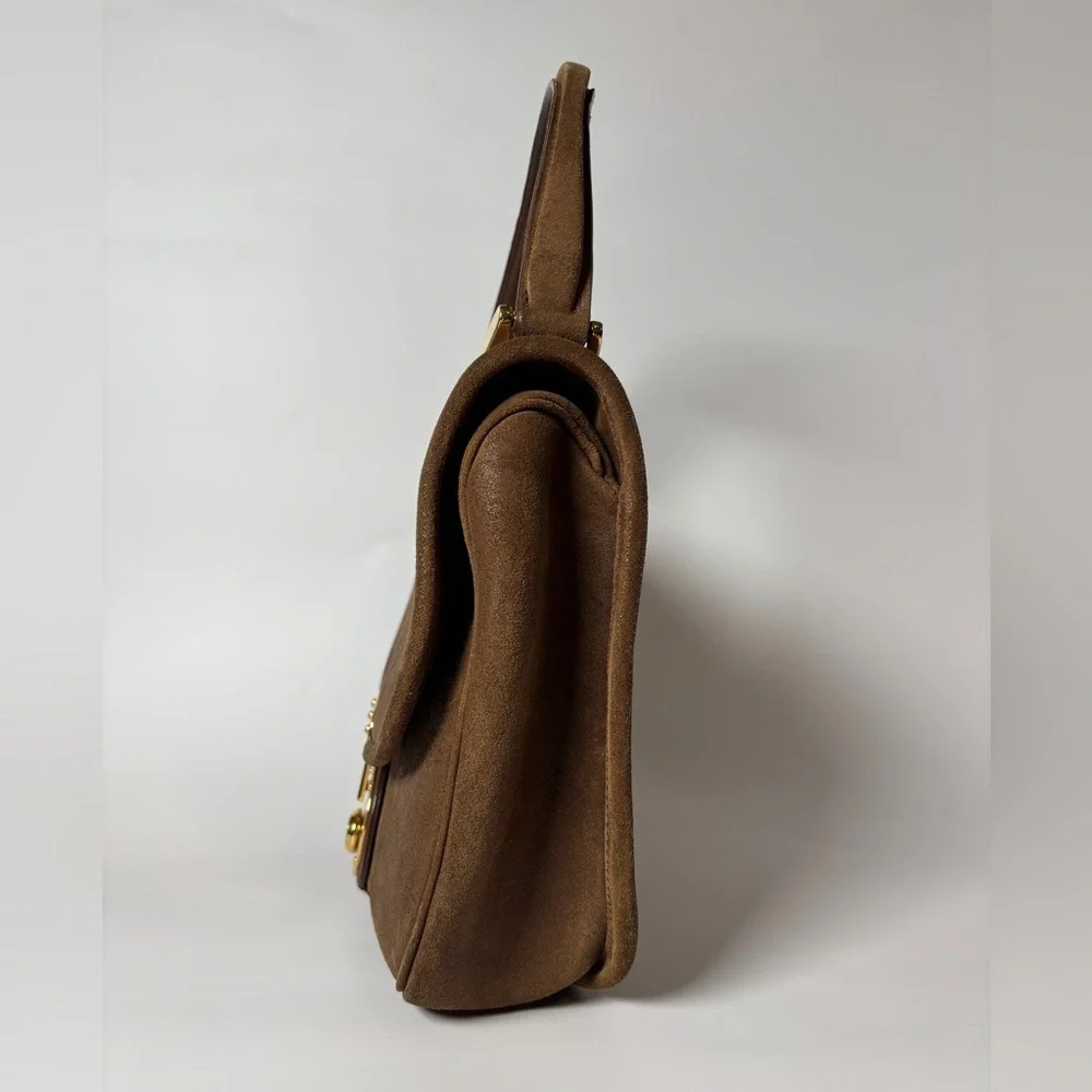 Vintage Balenciaga Brown Suede Bag – 70s Top Handle with Gold Turn Lock - Picture 2 of 9